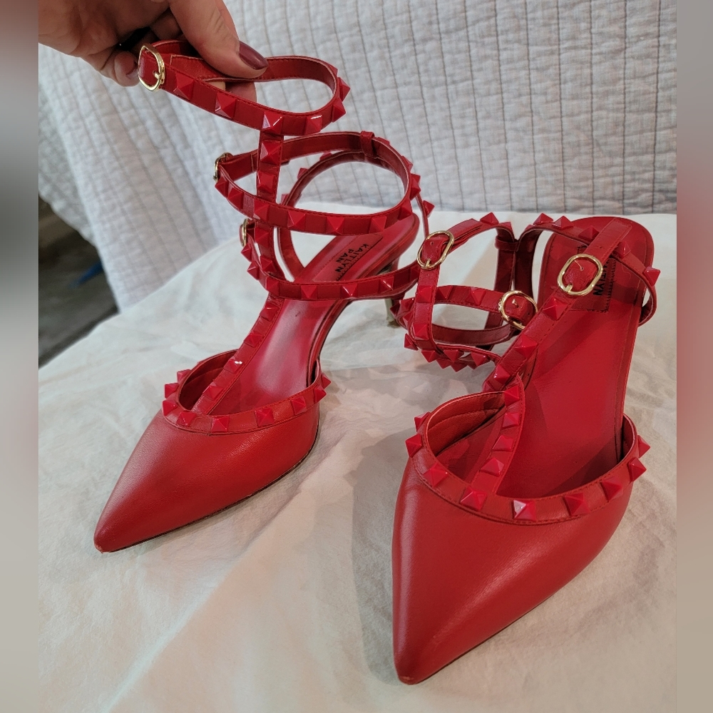 Kaitlyn Pan Studded Kitten Heel Red T-strap